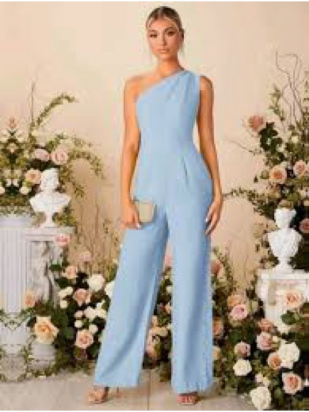 One-Shoulder Light Blue Jumpsuit - Elegant Women's Evening Wear. Size L. New.